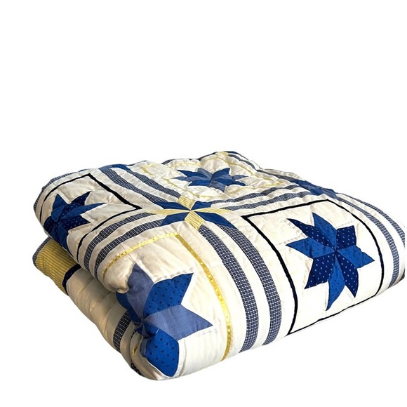 Star Quilt Hand Sewn and Machine Stitched 84" x 86" Homemade Plaid Polka Dot - Picture 16 of 16